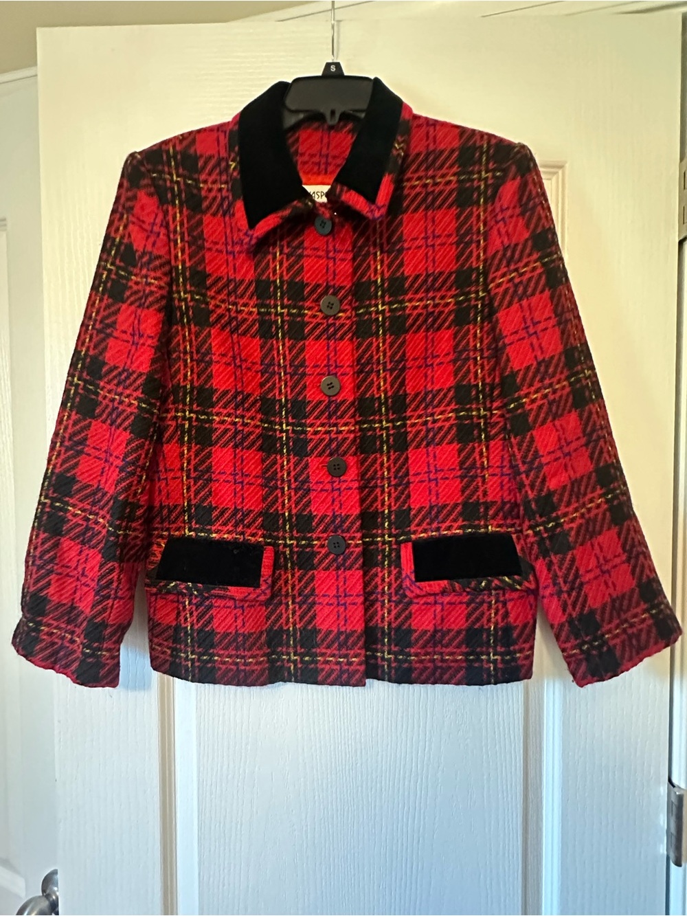 Vintage Kasper Red Plaid Jacket with Black Velvet Trim